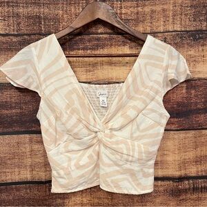 Japra Abstract Patterned Cream and white crop Top wrap knot twist size M